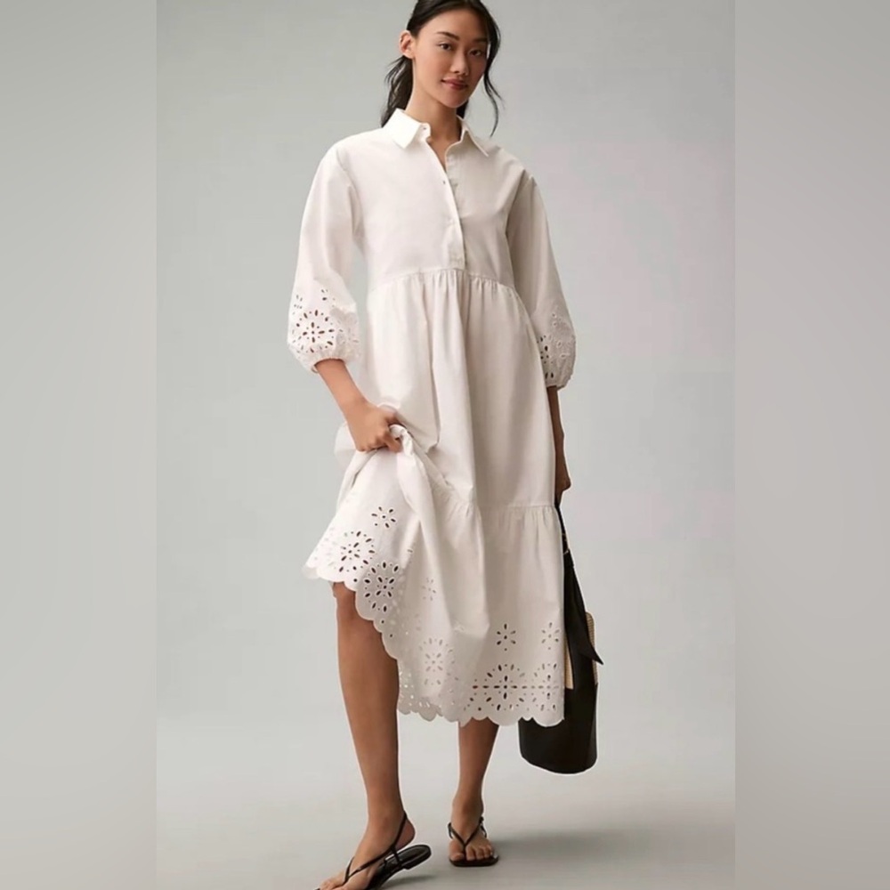Anthropologie Maeve Bettina Tiered Shirt Dress Sz SP Eyelet Classic
